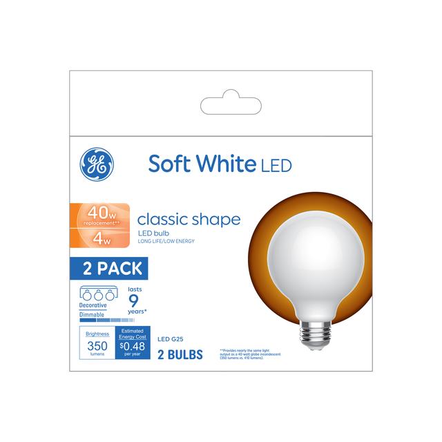 GE Basic LED 40 Watt Replacement, Soft White, G25 Vanity - Globe Bulbs (2 Pack)