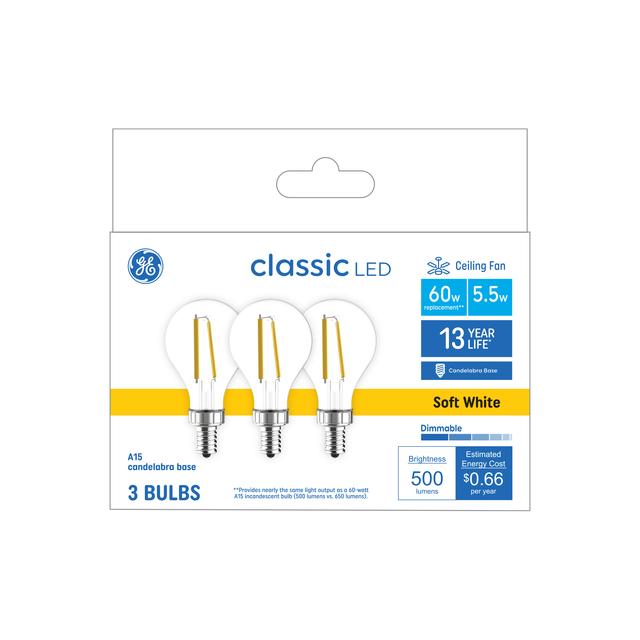GE Classic LED 60 Watt Replacement, Soft White, A15 Ceiling Fan Bulbs (3 Pack)