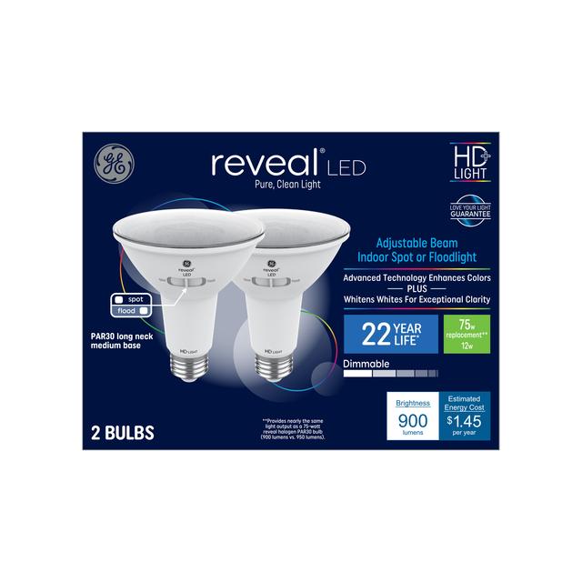 GE Reveal HD+ LED 75 Watt Replacement, Reveal, PAR30L Indoor Floodlight Bulbs (2 Pack)