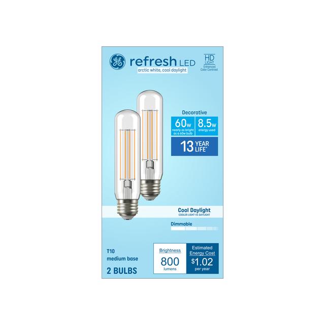 GE Refresh HD LED 60 Watt Replacement, Cool Daylight, T10 Deco - Tubular Bulbs (2 Pack)