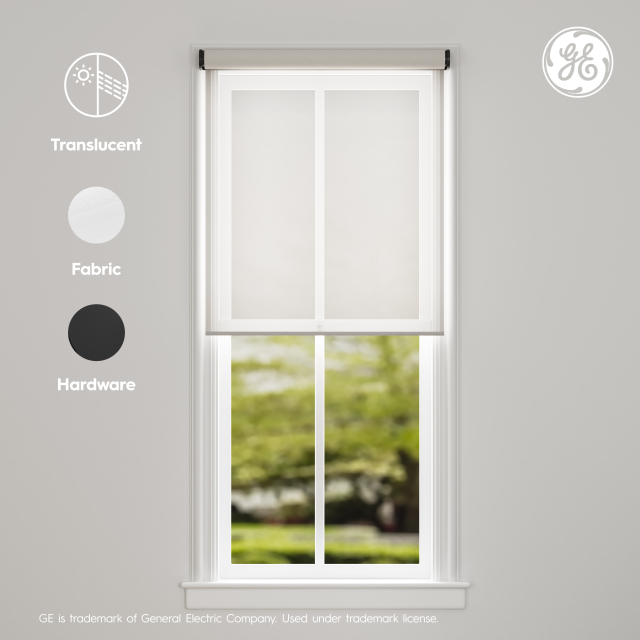 GE Smart Shade, Motorized Window Blind with Matter & Remote Control, Easy Install, Black Hardware, Translucent White Fabric, Quiet Operation, 38” Width, Adjustable Length, 1 Shade
