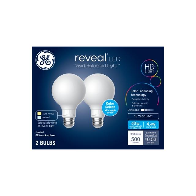 GE Reveal HD+ LED 60 Watt Replacement, Reveal + Soft White, G25 Vanity - Globe Bulbs (2 Pack)