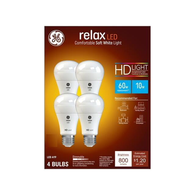 GE Relax HD LED 60 Watt Replacement, Soft White, A19 General Purpose Bulbs (4 Pack)