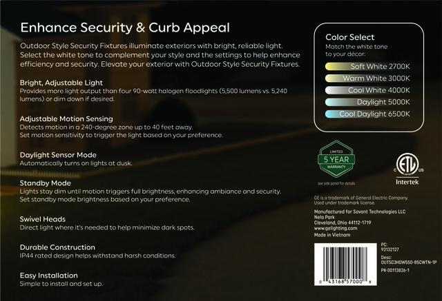 GE Outdoor Security Flood Lights, Adjustable 3-Head Light with Motion & Dusk to Dawn Sensor, Hardwired, 5500 Lumens