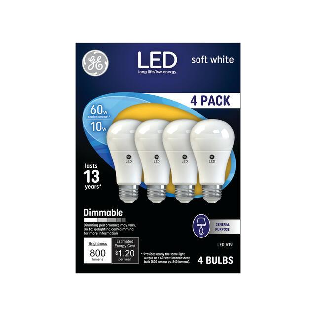 GE Classic LED 60 Watt Replacement, Soft White, A19 General Purpose Bulbs (4 Pack)