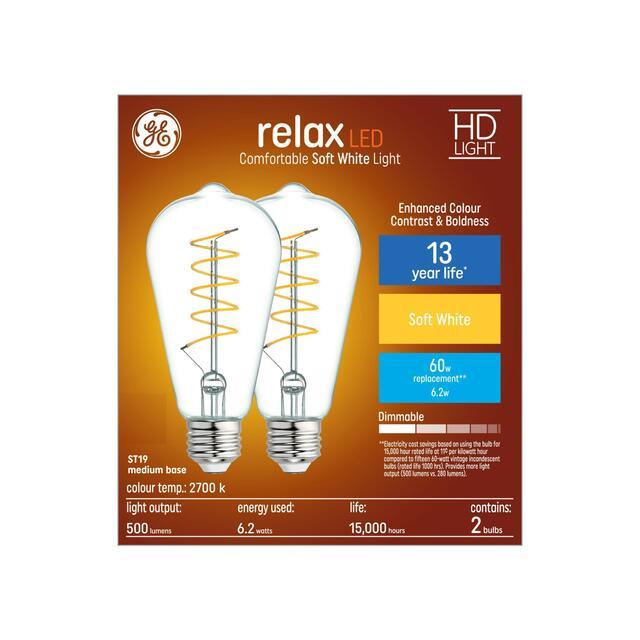 GE Relax HD ST19 LED Light Bulbs, Edison Style Bulbs, 60 Watt Replacement, Soft White (2 Pack)