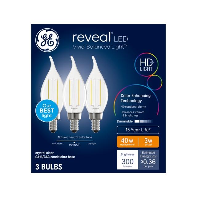 GE Reveal HD+ LED 40 Watt Replacement, Reveal, CA11 Ceiling Fan Bulbs (3 Pack)