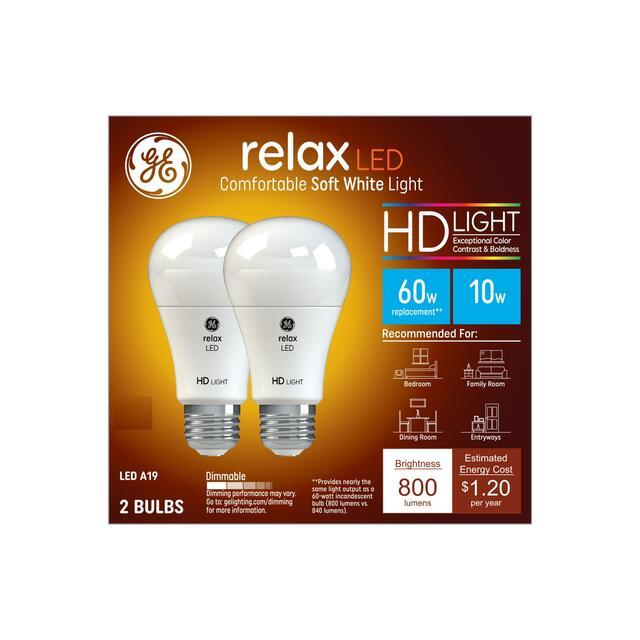 GE Relax HD A19 LED Light Bulbs, General Purpose Bulbs, 60 Watt Replacement, Soft White (2 Pack)