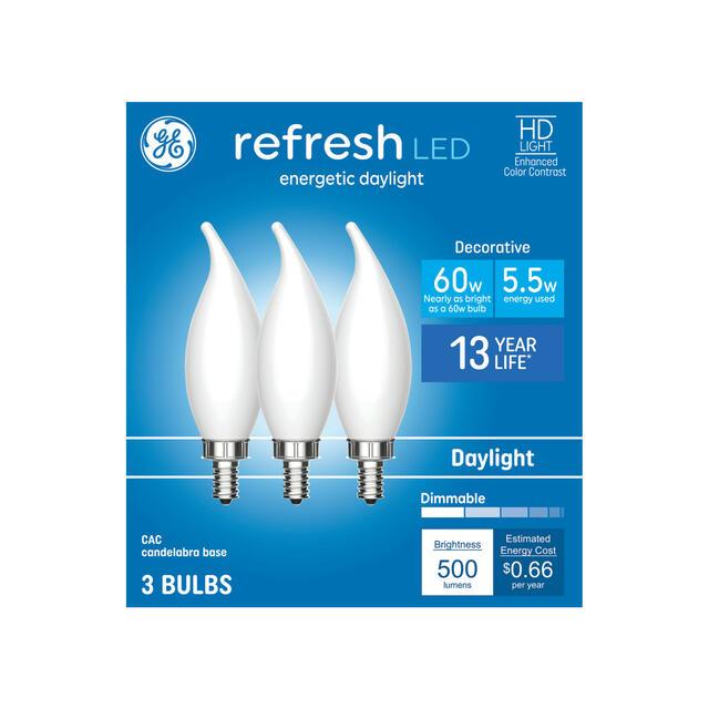 GE Refresh HD LED 60 Watt Replacement, Daylight, CA11 Deco - Candle Bulbs (3 Pack)