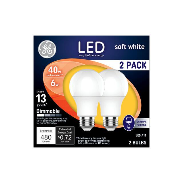 GE Classic LED 40 Watt Replacement, Soft White, A19 General Purpose Bulbs (2 Pack)