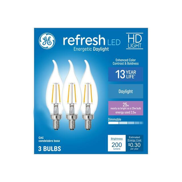 GE Refresh HD LED 25 Watt Replacement, Daylight, CA11 Deco - Candle Bulbs (3 Pack)