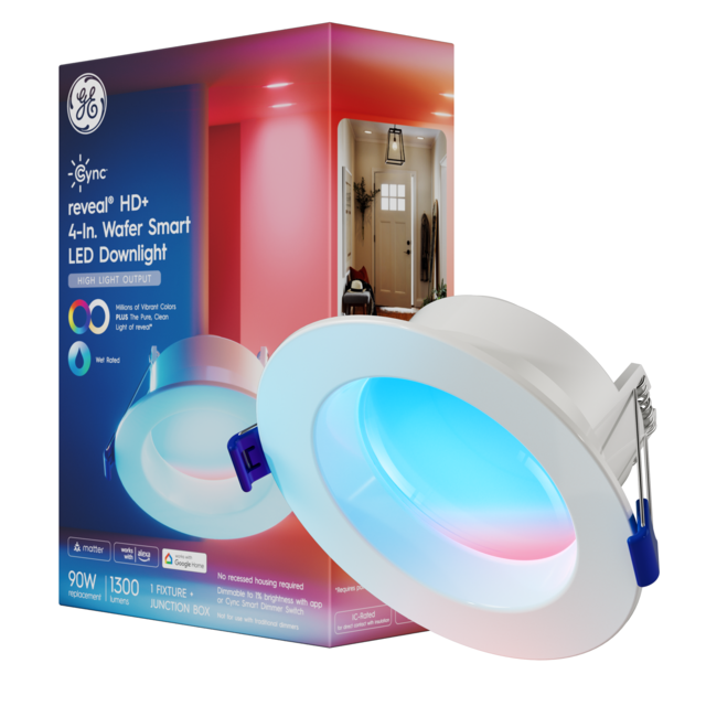 GE Cync reveal® Smart LED Wafer Downlight, Color Changing WiFi Light, Matter Compatible, Works with Alexa and Google Home, 4in