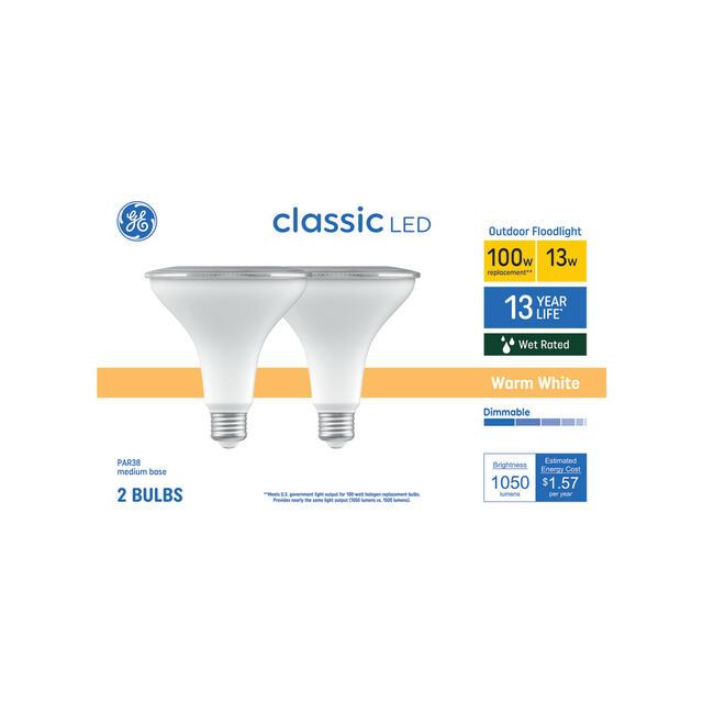 GE Classic LED 100 Watt Replacement, Warm White, PAR38 Outdoor Floodlight Bulbs (2 Pack)