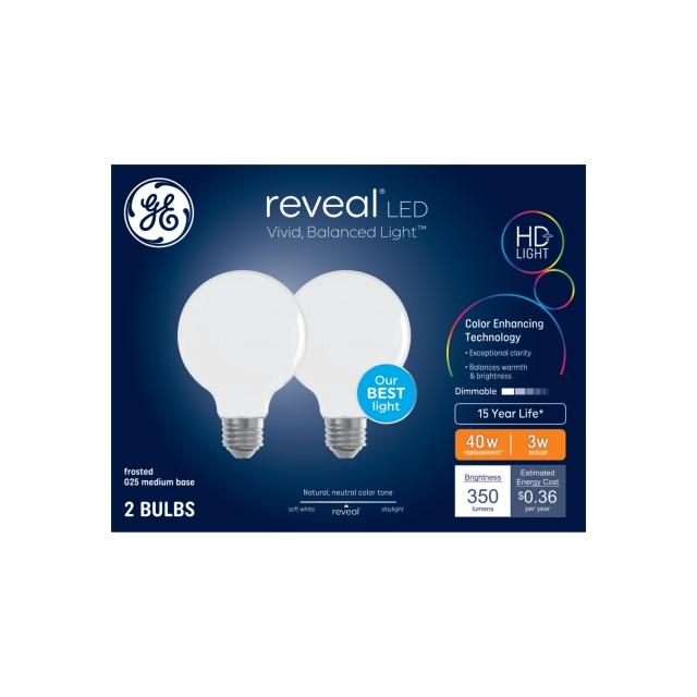 GE Reveal HD+ LED 40 Watt Replacement, Reveal, G25 Vanity - Globe Bulbs (2 Pack)