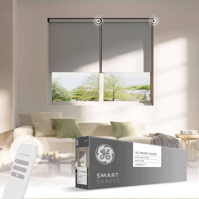 GE Smart Shade, Motorized Window Blind with Matter & Remote Control, Easy Install, Black Hardware, Blackout Grey Fabric, Quiet Operation, 32” Width, Adjustable Length, 1 Shade