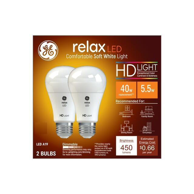 GE Relax HD A19 LED Light Bulbs, General Purpose Bulbs, 40 Watt Replacement, Soft White (2 Pack)
