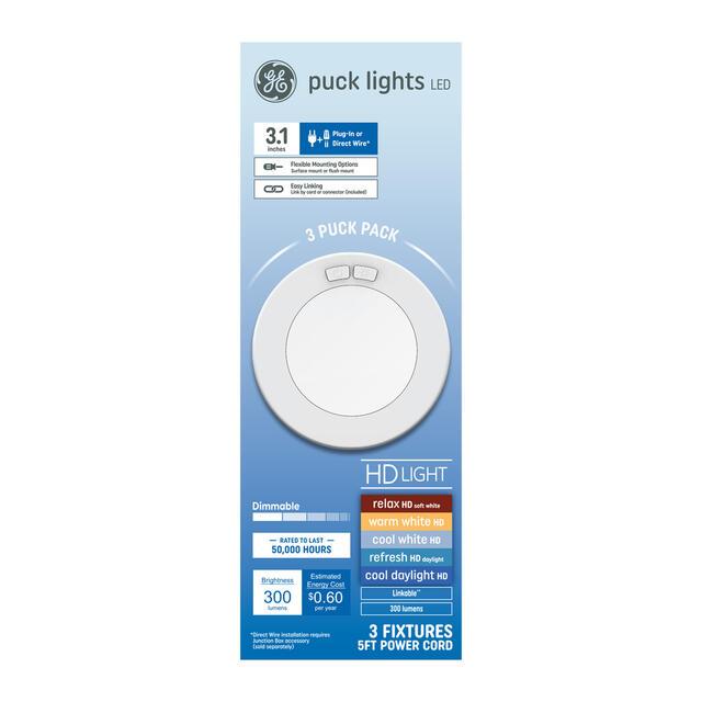 GE Undercabinet LED Puck Lights, 5 Color Selection, 3-in, 3-Pack