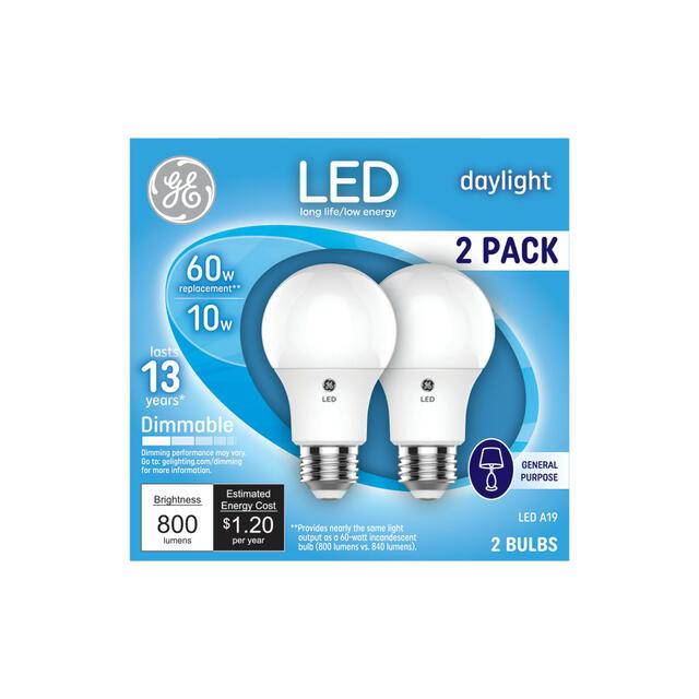 GE Classic LED 60 Watt Replacement, Daylight, A19 General Purpose Bulbs (2 Pack)