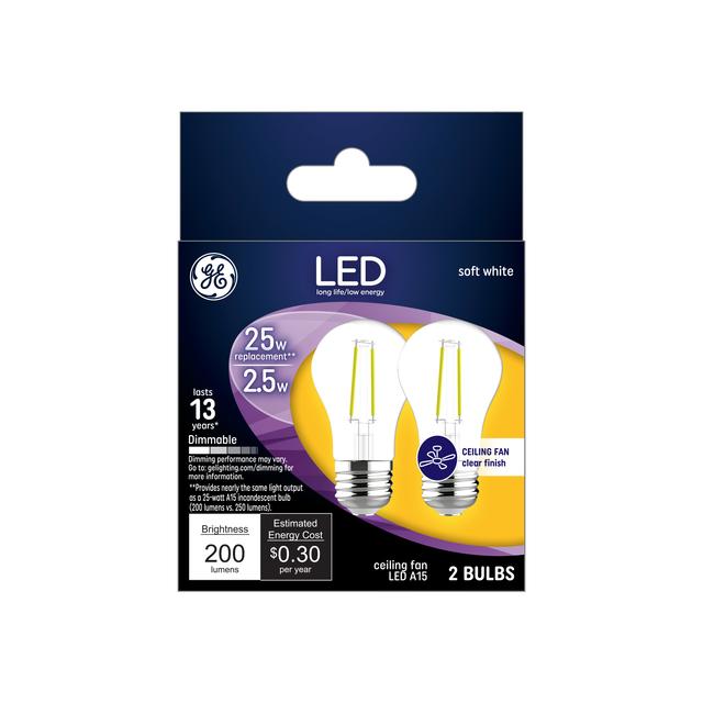 GE Classic LED 25 Watt Replacement, Soft White, A15 Ceiling Fan Bulbs (2 Pack)