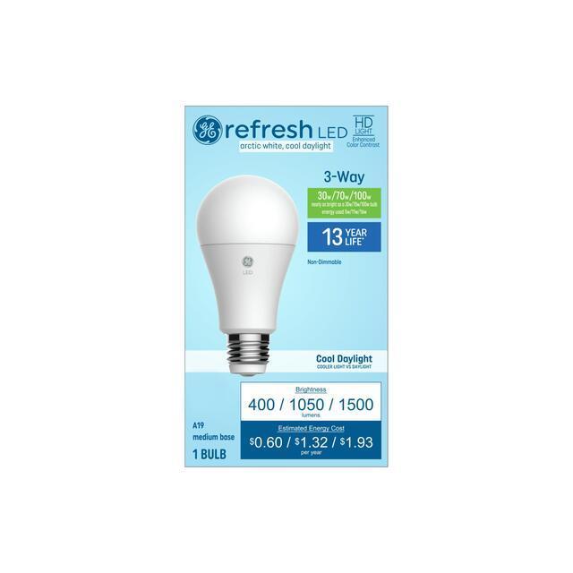 GE Refresh HD A19 3-Way LED Light Bulb, 100/70/30 Watt Replacement, Cool Daylight