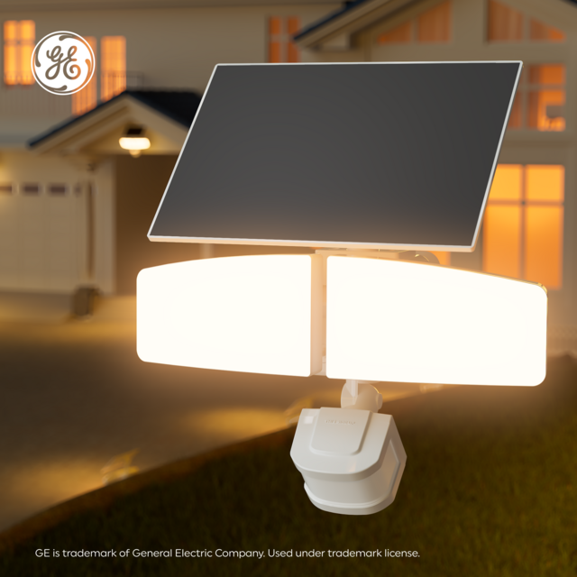 GE Outdoor Security Flood Lights, Adjustable 2-Head Light with Motion & Dusk to Dawn Sensor, Solar Light, 1800 Lumens