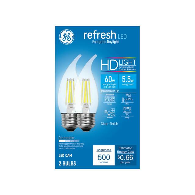 GE Refresh HD LED 60 Watt Replacement, Daylight, CA11 Deco - Candle Bulbs (2 Pack)