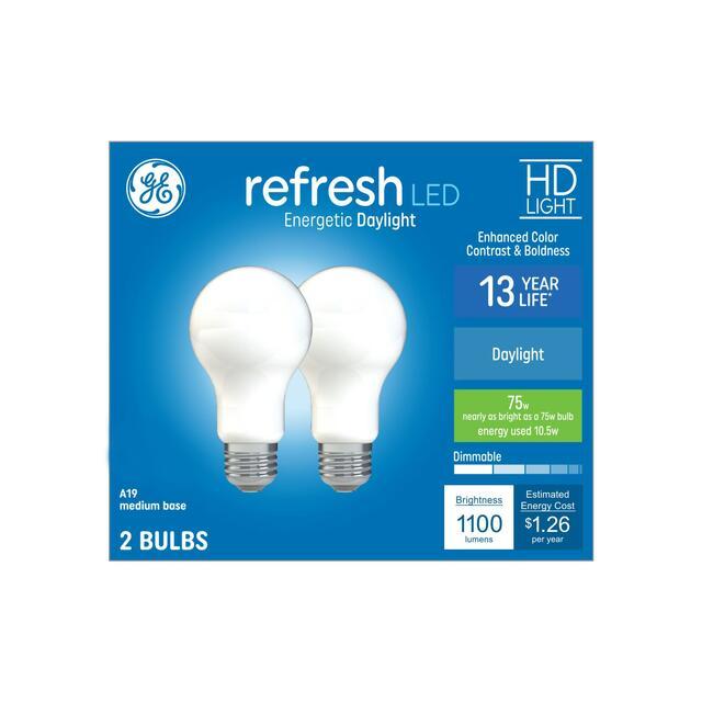 GE Refresh HD LED 75 Watt Replacement, Daylight, A19 General Purpose Bulbs (2 Pack)