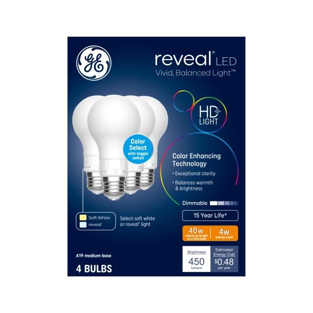 GE Reveal HD+ LED 40 Watt Replacement, Reveal/Soft White, A19 General Purpose Bulbs (4 Pack)
