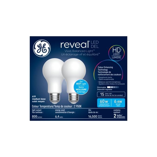 GE Reveal HD+ LED 60 Watt Replacement, Reveal, A19 General Purpose Bulbs (2 Pack)
