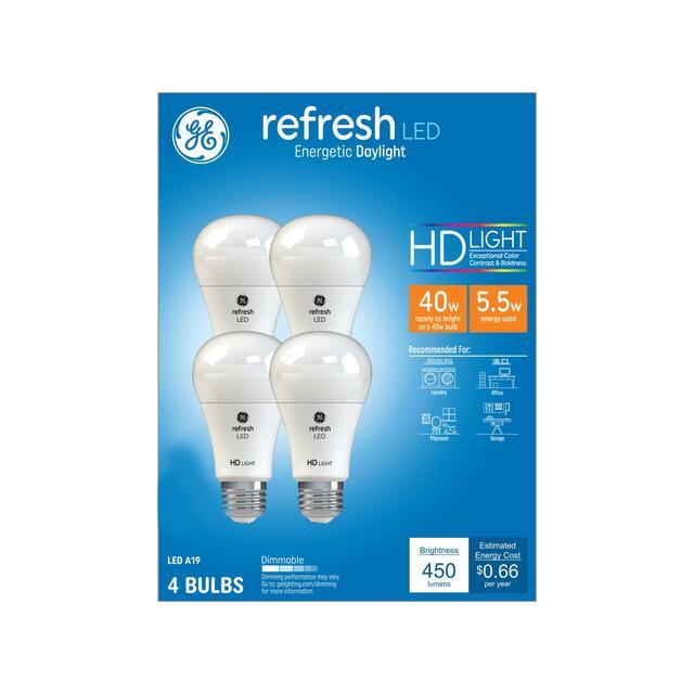 GE Refresh HD LED 40 Watt Replacement, Daylight, A19 General Purpose Bulbs (4 Pack)