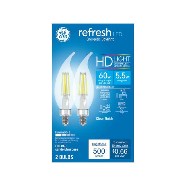 GE Refresh HD LED 60 Watt Replacement, Daylight, CA11 Deco - Candle Bulbs (2 Pack)