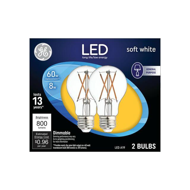 GE Classic LED 60 Watt Replacement, Soft White, A19 General Purpose Bulbs (2 Pack)