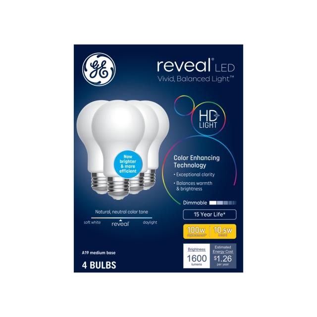 GE Reveal HD+ LED 100 Watt Replacement, Reveal, A19 General Purpose Bulbs (4 Pack)