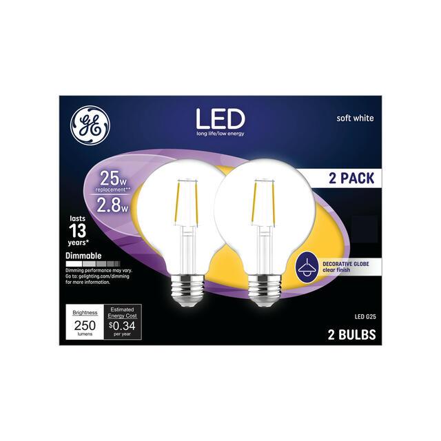 GE Classic LED 25 Watt Replacement, Soft White, G25 Vanity - Globe Bulbs (2 Pack)