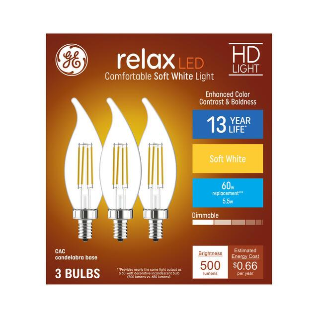 GE Relax HD CA11 LED Light Bulbs, Decorative Candle Bulbs, 60 Watt Replacement, Soft White (3 Pack)