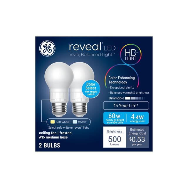 GE Reveal HD+ LED 60 Watt Replacement, Reveal + Soft White, A15 Ceiling Fan Bulbs (2 Pack)