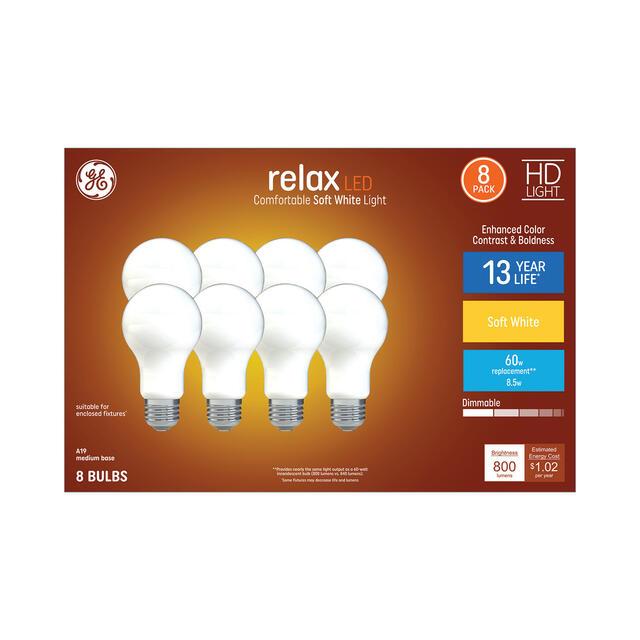 GE Relax HD A19 LED Light Bulbs, General Purpose Bulbs, 60 Watt Replacement, Soft White (8 Pack)
