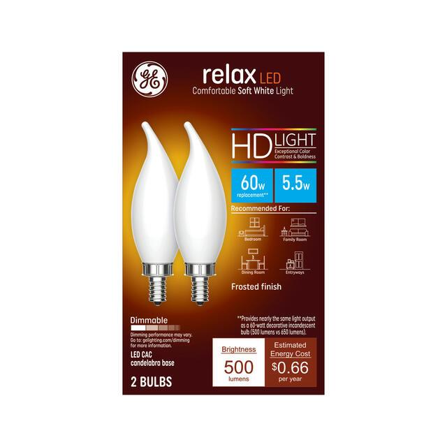 GE Relax HD CA11 LED Light Bulbs, Decorative Candle Bulbs, 60 Watt Replacement, Soft White (2 Pack)