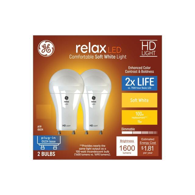 GE Relax HD A19 LED Light Bulbs, General Purpose Bulbs, 100 Watt Replacement, Soft White (2 Pack)