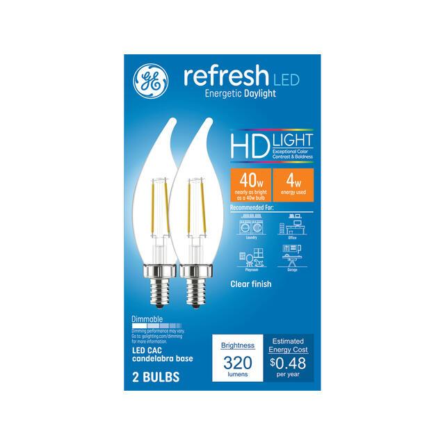 GE Refresh HD LED 40 Watt Replacement, Daylight, CA11 Deco - Candle Bulbs (2 Pack)
