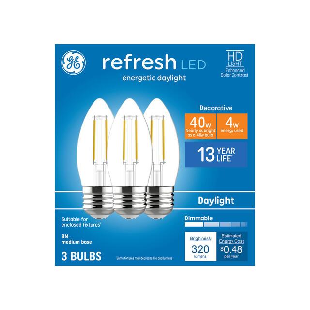 GE Refresh HD LED 40 Watt Replacement, Daylight, B11 Deco - Candle Bulbs (3 Pack)