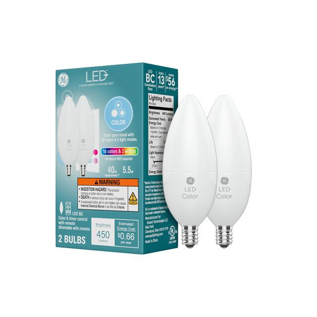 GE LED+ Color Lamp LED Light Bulbs,Deco - Candle, B12 Bulbs, 5.5 Watts (2 Pack)
