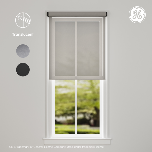 GE Smart Shade, Motorized Window Blind with Matter & Remote Control, Easy Install, Black Hardware, Translucent Grey Fabric, Quiet Operation, 24” Width, Adjustable Length, 1 Shade