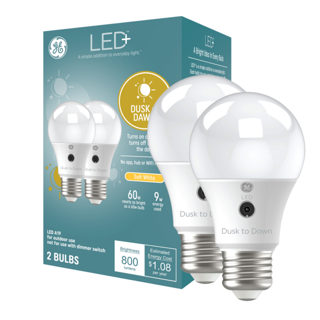 GE LED+ A19 Dusk to Dawn LED Light Bulbs, Security Bulbs, 60 Watt Replacement, Soft White (2 Pack)