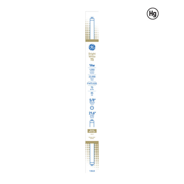 GE Bright White 14 Watt 21.65 Inch T5 G5 Base Fluorescent Tube 1 Pack