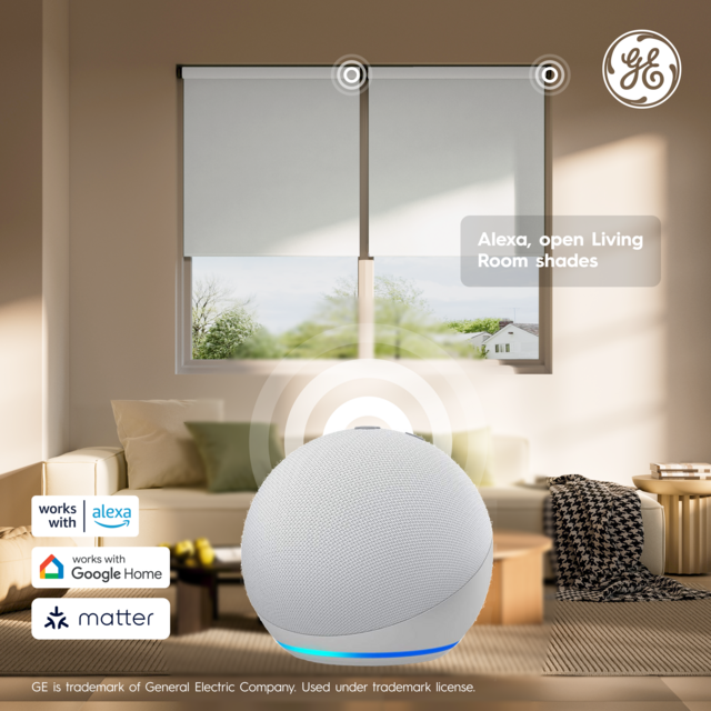 GE Smart Shade, Motorized Window Blind with Matter & Remote Control, Easy Install, White Hardware, Blackout Grey Fabric, Quiet Operation, 34” Width, Adjustable Length, 1 Shade