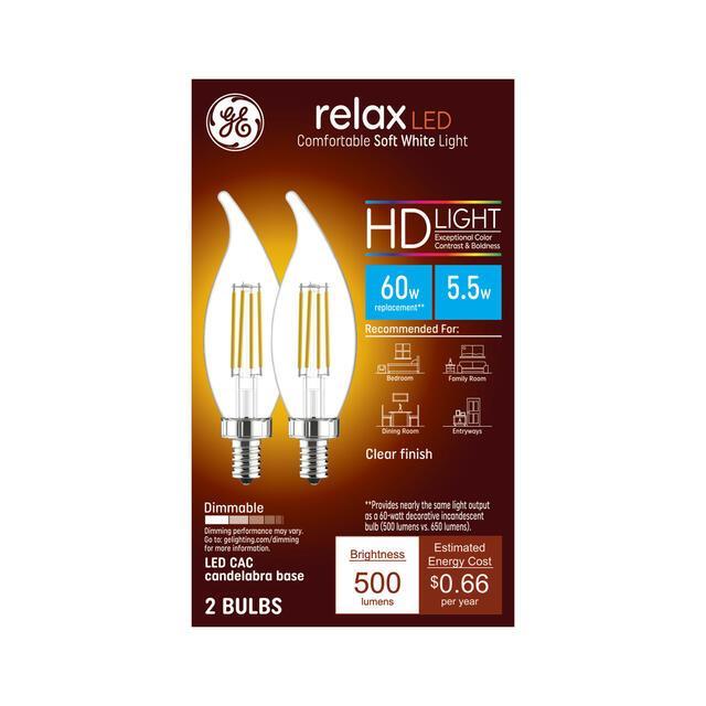 GE Relax HD LED 60 Watt Replacement, Soft White, CA11 Deco - Candle Bulbs (2 Pack)