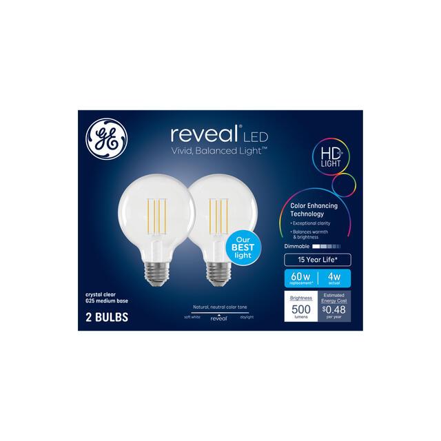 GE Reveal HD+ LED 60 Watt Replacement, Reveal, G25 Vanity - Globe Bulbs (2 Pack)