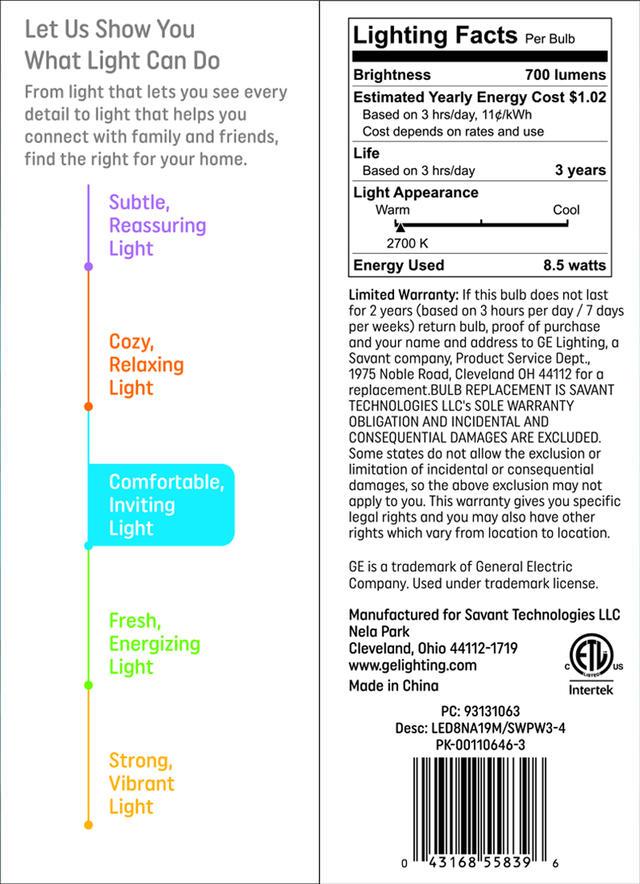 GE Basic LED 60 Watt Replacement, Soft White, A19 General Purpose Bulbs (4 Pack)