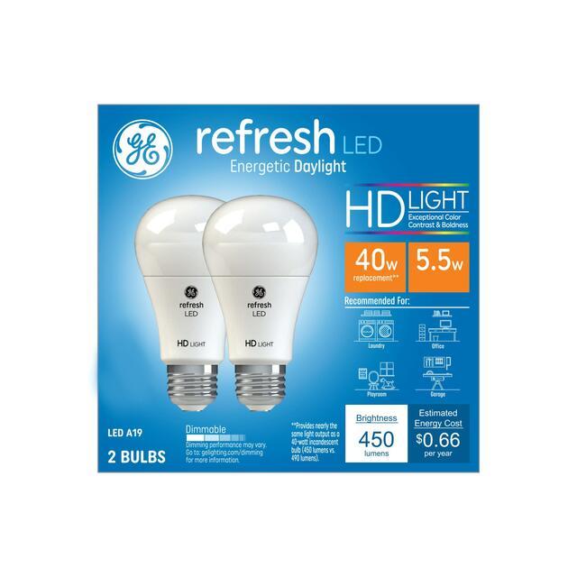 GE Refresh HD LED 40 Watt Replacement, Daylight, A19 General Purpose Bulbs (2 Pack)
